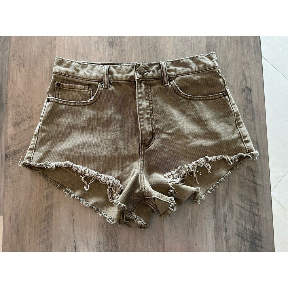 BDG Womens Size 29 High Rise Cheeky Jean shorts raw hem Olive Green